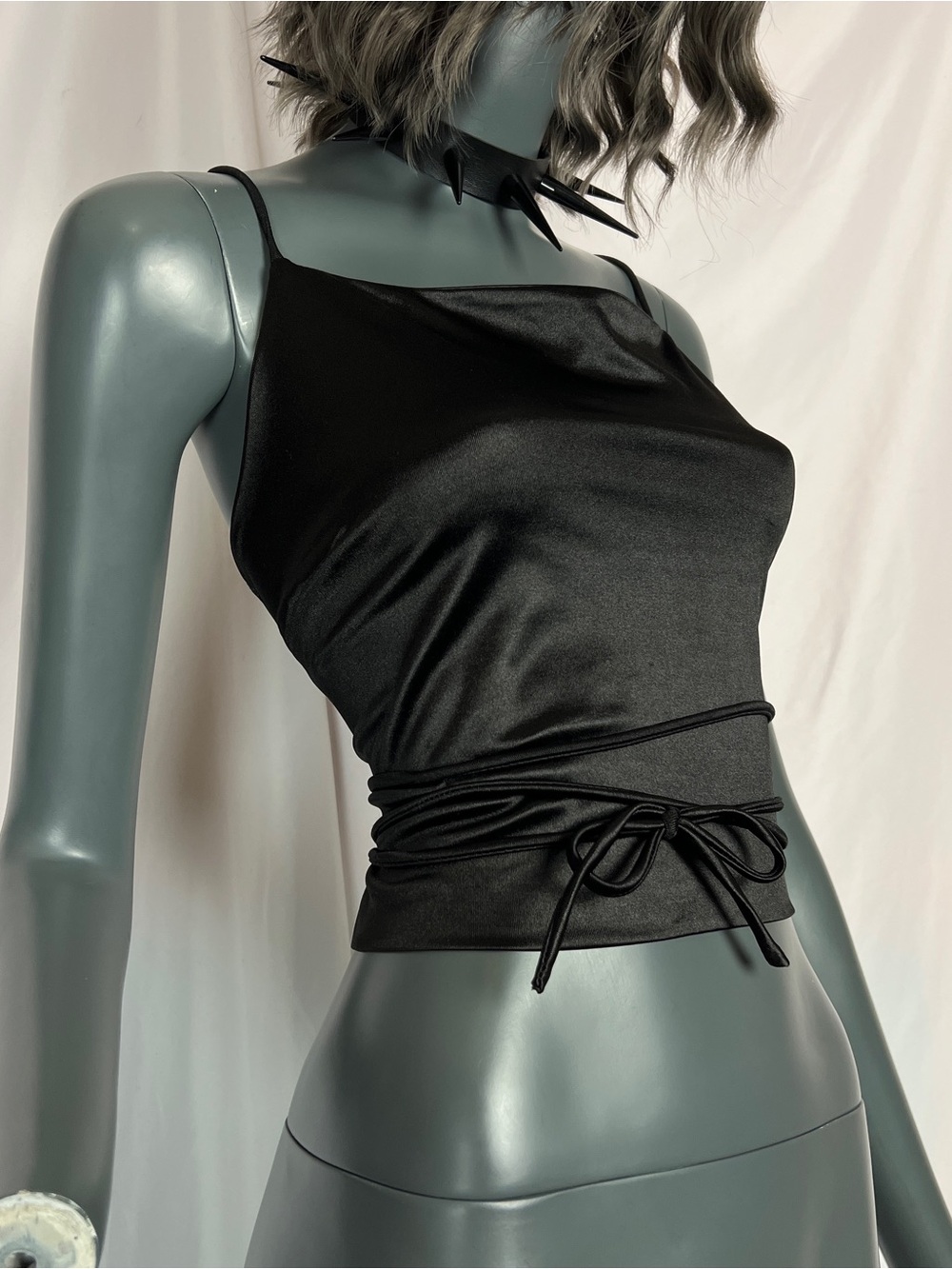 Silky Satin Black Cropped Tie Up Halter Top